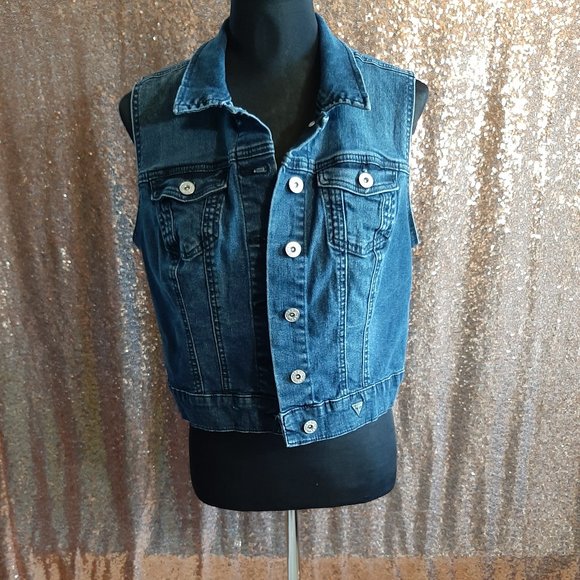 Guess Women's Blue Button Up Mid Wash Denim Vest Size L - Picture 1 of 7